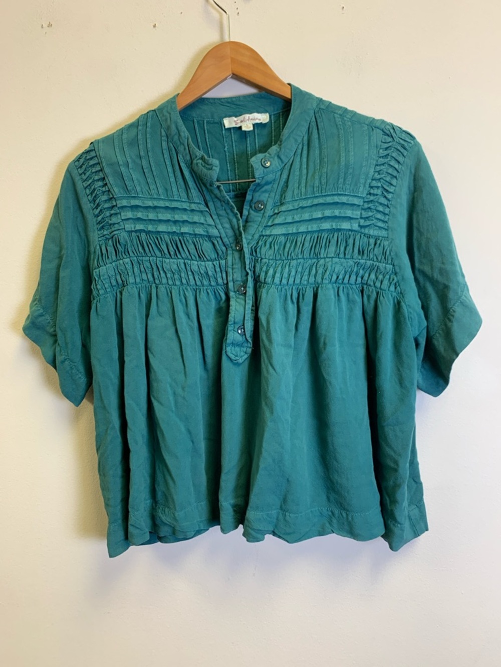 Solitaire Teal Pintuck Henley Blouse